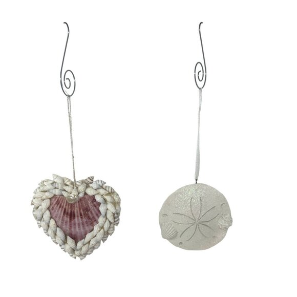 2 Beach Ornaments -‎ Heart Made of Seashells, and Resin, Sparkley Sand Dollar - Picture 1 of 4